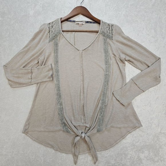 Knox Rose Tops - Knox Rose Top Women's Large Gray Long Sleeve Lightweight Knit Front Knot Lace‎
